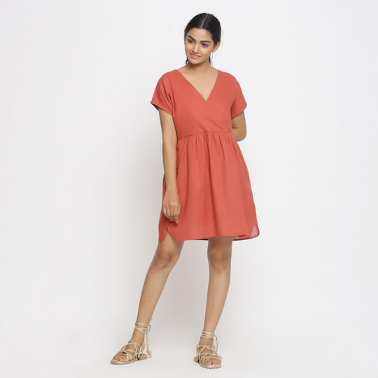 Brick Red Cotton Short Dress, Solid Dress For Women, Wrap With Pockets, Customizable