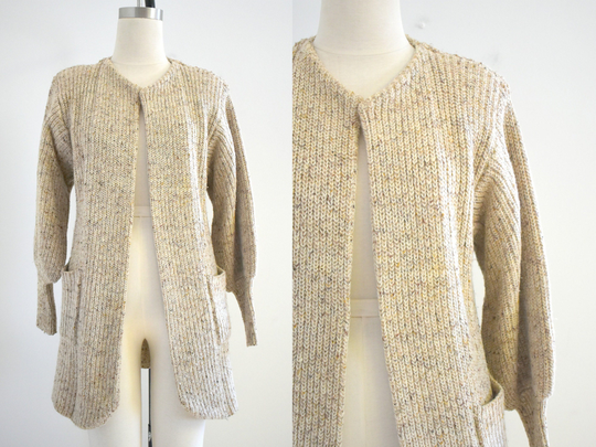 1980S Oatmeal Wool Blend Knit Cardigan Sweater With Bishop Sleeves