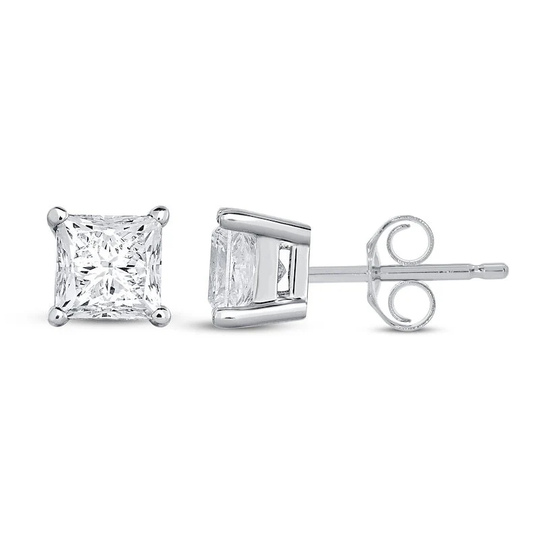 Princess Square Cut Created Diamond Stud Earrings 14K White Gold Sterling Silver Push Back 1.00Ctw