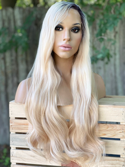 Human Hair Blend Wig 613 Wig Platinum Blonde Long Straight Ombré Roots 13x3" Free Parting Swiss Lace Front 24"
