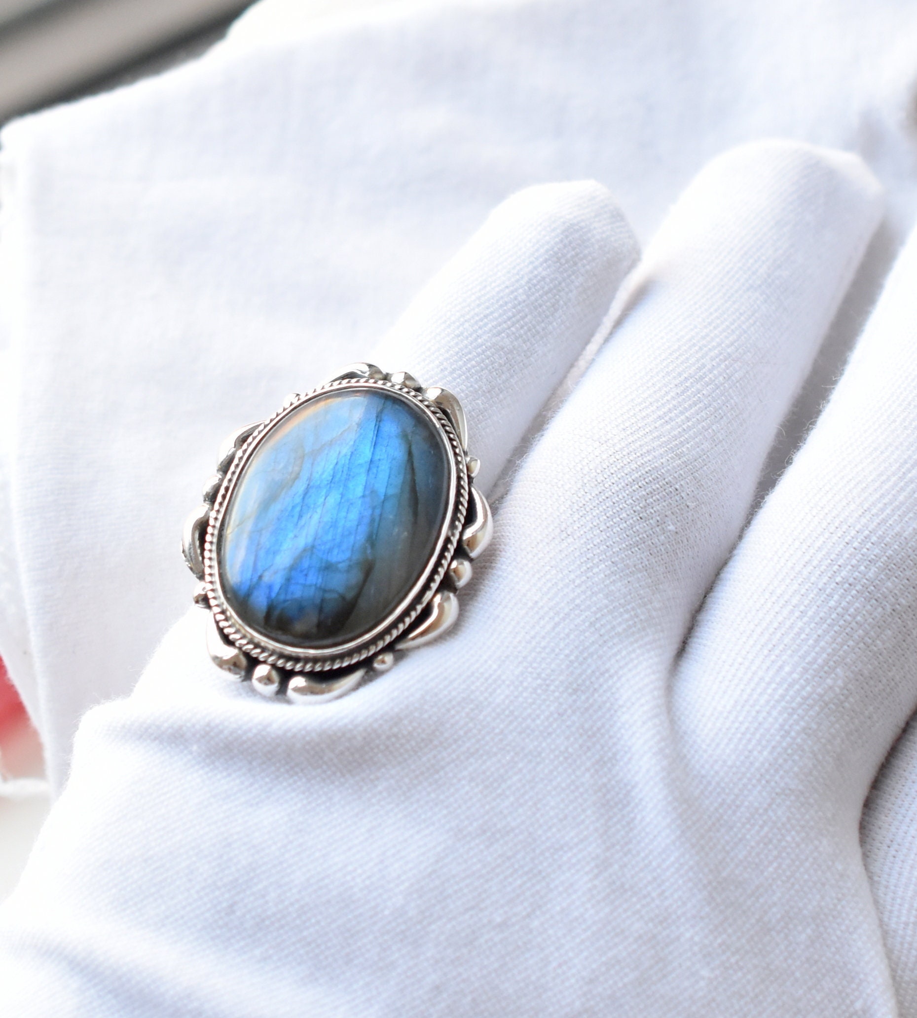 Labradorite 7 3/4 Us Silver Ring, Statement Handmade Birthstone Boho Fashion Gift Black Moonstone Ring