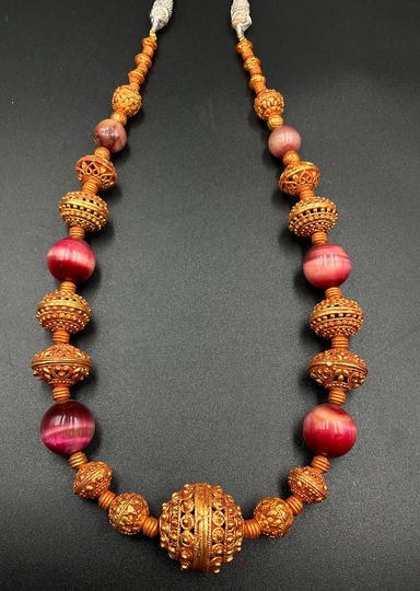 Very Beautiful Vintage Handcrafted With Red Tiger Eye Stone Tibetan 20K Goldfield Beaded Necklace