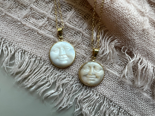 Moon Face Charm Aesthetic Goddess Necklace, Handmade Jewelry, Child, Mother Of Pearl