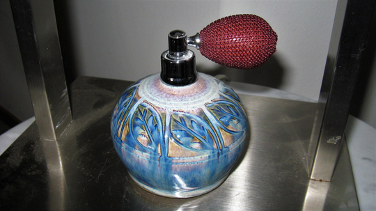 Art Pottery Handmade Perfume Bottle, Atomizer, Signed By The Artist. 4.5" Tall, Beautiful Glaze