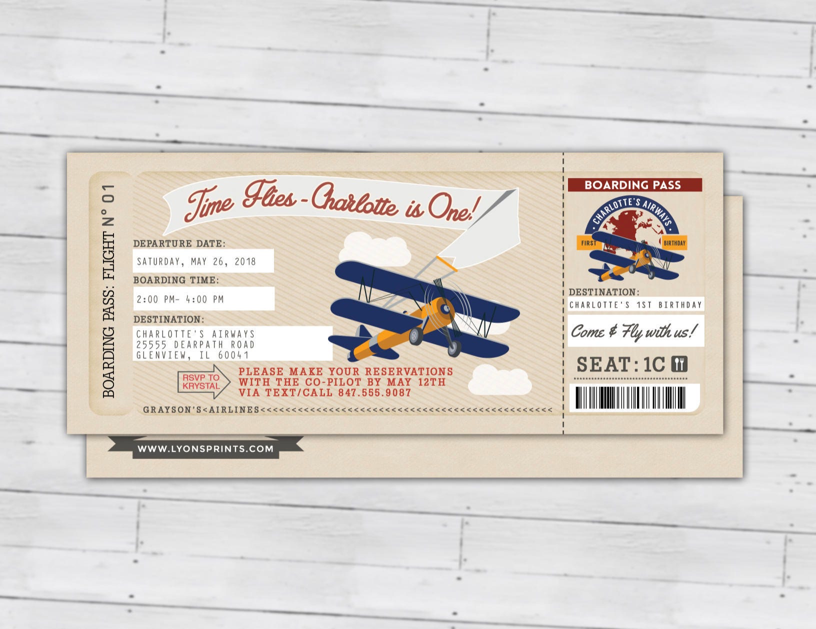 Time Flies, Vintage Airplane Boarding Pass Birthday Invitation - Vintage, Airplane, First Birthday, Ticket Invitation, Digital Files Only
