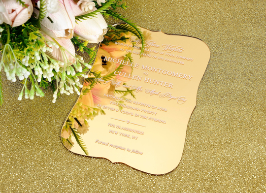 Gold Mirror Wedding Invitation With Envelope, Elegant Invitation, Laser Cut Acrylic Invitation, Custom Card, Mitzvah Invitation, Bl083Gm