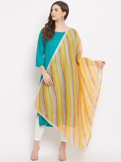Women's Cotton Blend Yellow & Orange Leheriya Dyed Dupatta With Gotta Patti Free Shipping