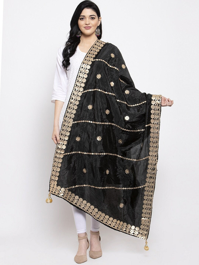 Women's Silk Blend Black & Gold-Toned Floral Gotta Patti Dupatta, Embellished Border Free Shipping