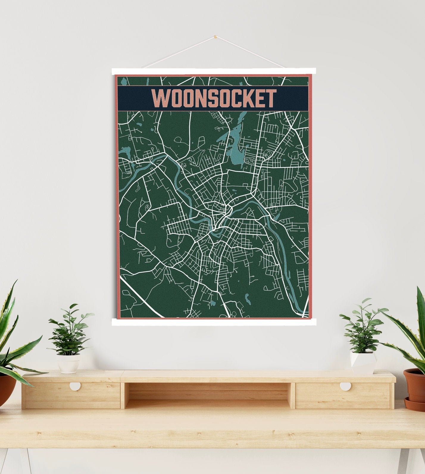 Woonsocket Rhode Island City Street Map | Hanging Canvas Of Printed Marketplace