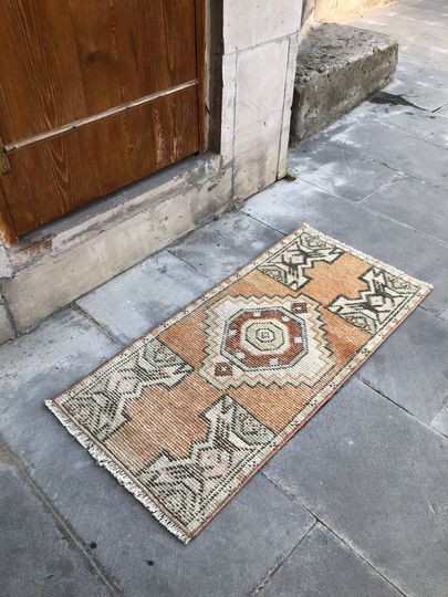 Orange Small Rug, Vintage 2x3 Black, Turkish Oriental Wool Handmade Hand Woven Bathroom 2x3