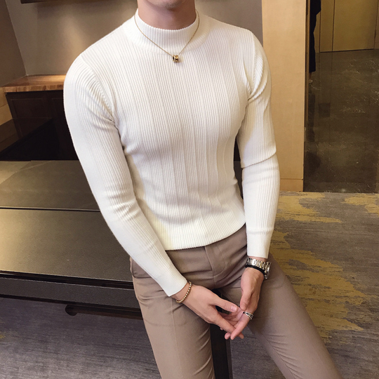 Autumn and Winter Mens Fashion Striped Boutique Wool Blend Casual Round Neck Knitted Sweaters / Mens Slim Warm Sweater - white, xl (eur s)