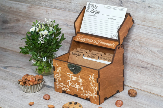 Recipe Box With Dividers & 4x6 Recipe Cards Personalized Engraved Wood Bridal Shower Decor Mothers Day Gift Christmas