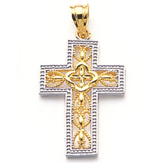 14K Gold Two Tone Filigree Cross Charm