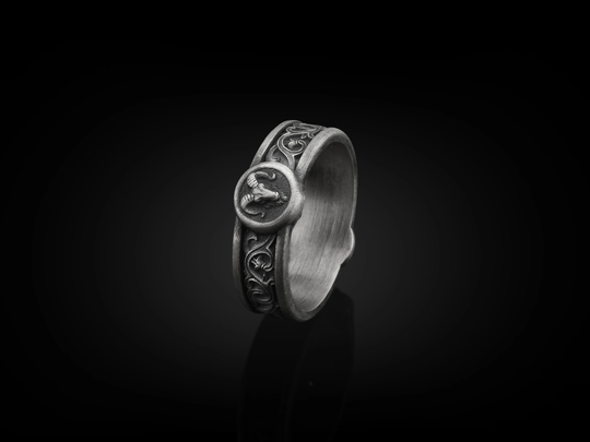 Aries Ram With Lily Motifs Handmade Sterling Silver Men Band Ring, Wedding Stackable Biker Animal Zodiac Sign Ring