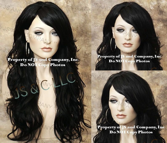 Black Long Full Human Hair Blend Wig Heat Ok 28" Loose Beachy Wavy Side Part W. Bangs Cancer/Alopecia/Cosplay