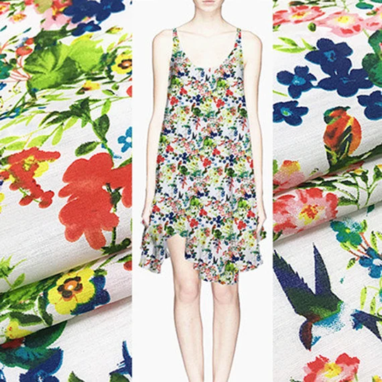 Floral Print White Silk Cotton Blend Fabric Width 53 Inch