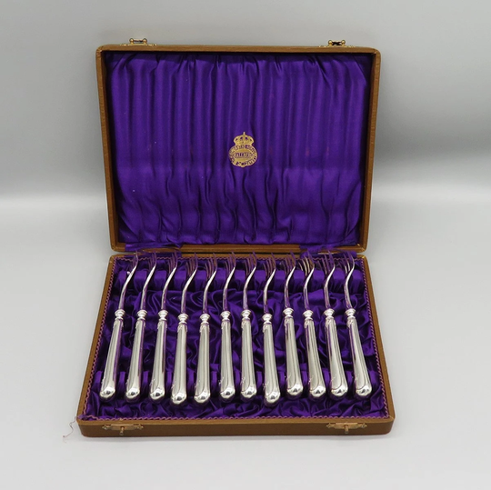 12 Antique 1920 Swedish Silver Seafood /Cocktail Forks in Original Fitted Box