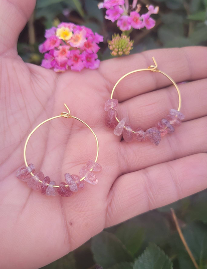 strawberry Quartz Crystal Hoop Earrings, Gold Hoops, Witchy Earrings