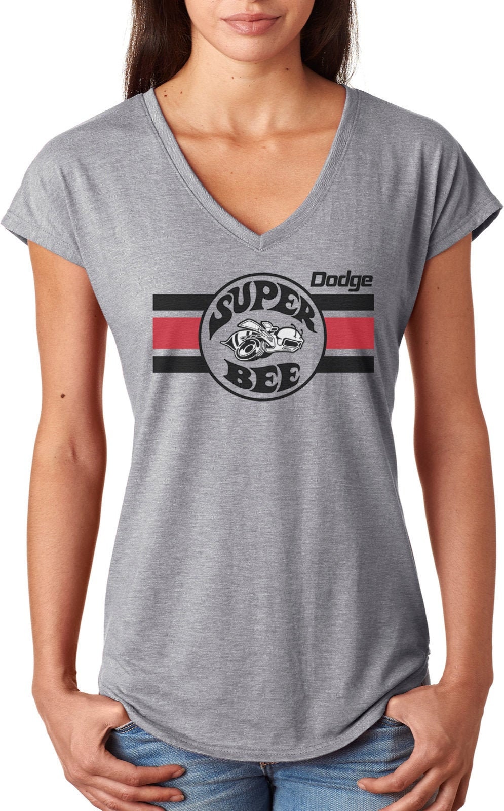 Ladies Dodge Super Bee Stripe Tri-Blend V-Neck T-Shirt 22586Ev2-6750Vl