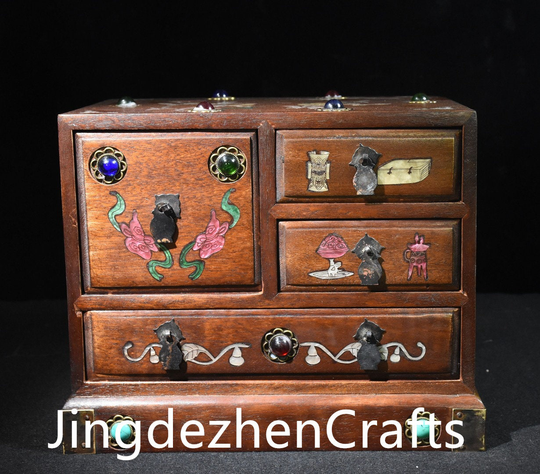 China's Ancient Natural Rosewood Jewelry Box Is Purely Hand Carved & Inlaid With Shell Patterns, Which Can Be Collected Used