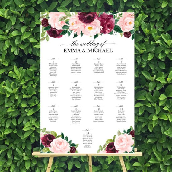 Wedding Seating Chart Printed With Free Shipping Elegant Burgundy & Blush Olivia Collection