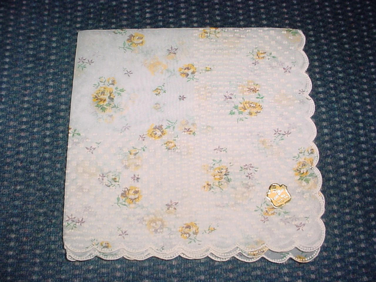Hamilton Yellow Flower Dotted Sheer Dimple Dot Hankie Hanky Beautiful Handkerchief Scalloped Edge Border