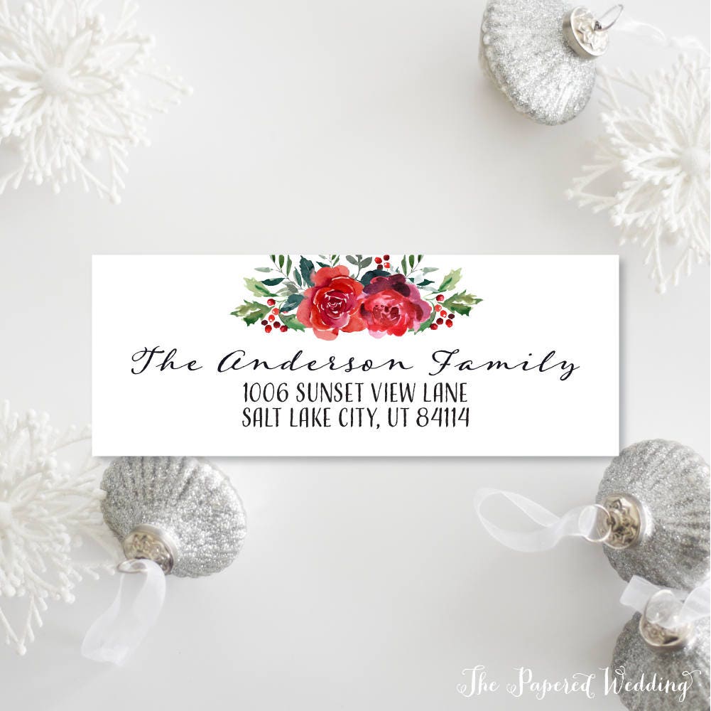 Red & Green Floral Return Address Labels - Christmas For Card Personalized Stickers 045