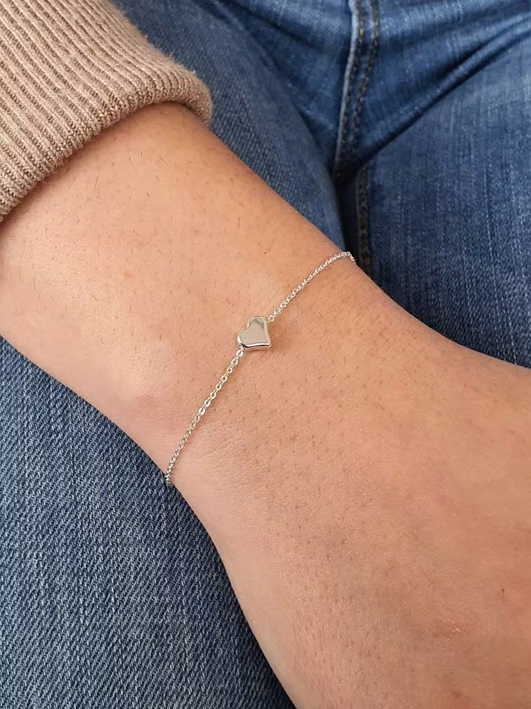 Dainty Tiny Heart Bracelet, Silver Plated Charm, Minimalist Chain Bridesmaid Gift, Personalized, Girlfriend, Lovers Gift