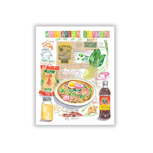 Hawaiian Saimin Noodle Soup Recipe Print, Watercolor Painting, Food in Hawaii, Kitchen Art, Culinary Restaurant Wall Decor, Soup Poster