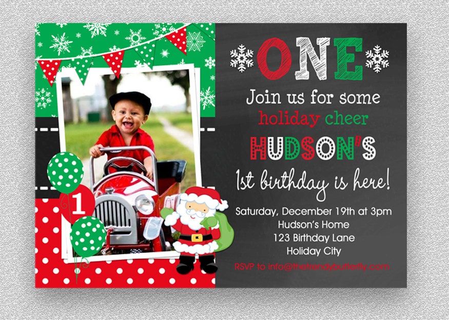 Christmas Birthday Invitation, Santa Winter Wonderland, 1st Invitations, Printable Chalkboard Invitation