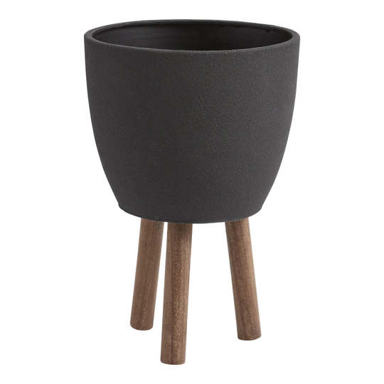 Black Faux Cement Planter With Wood Tripod Legs: Black/Brown - Metal by World Market