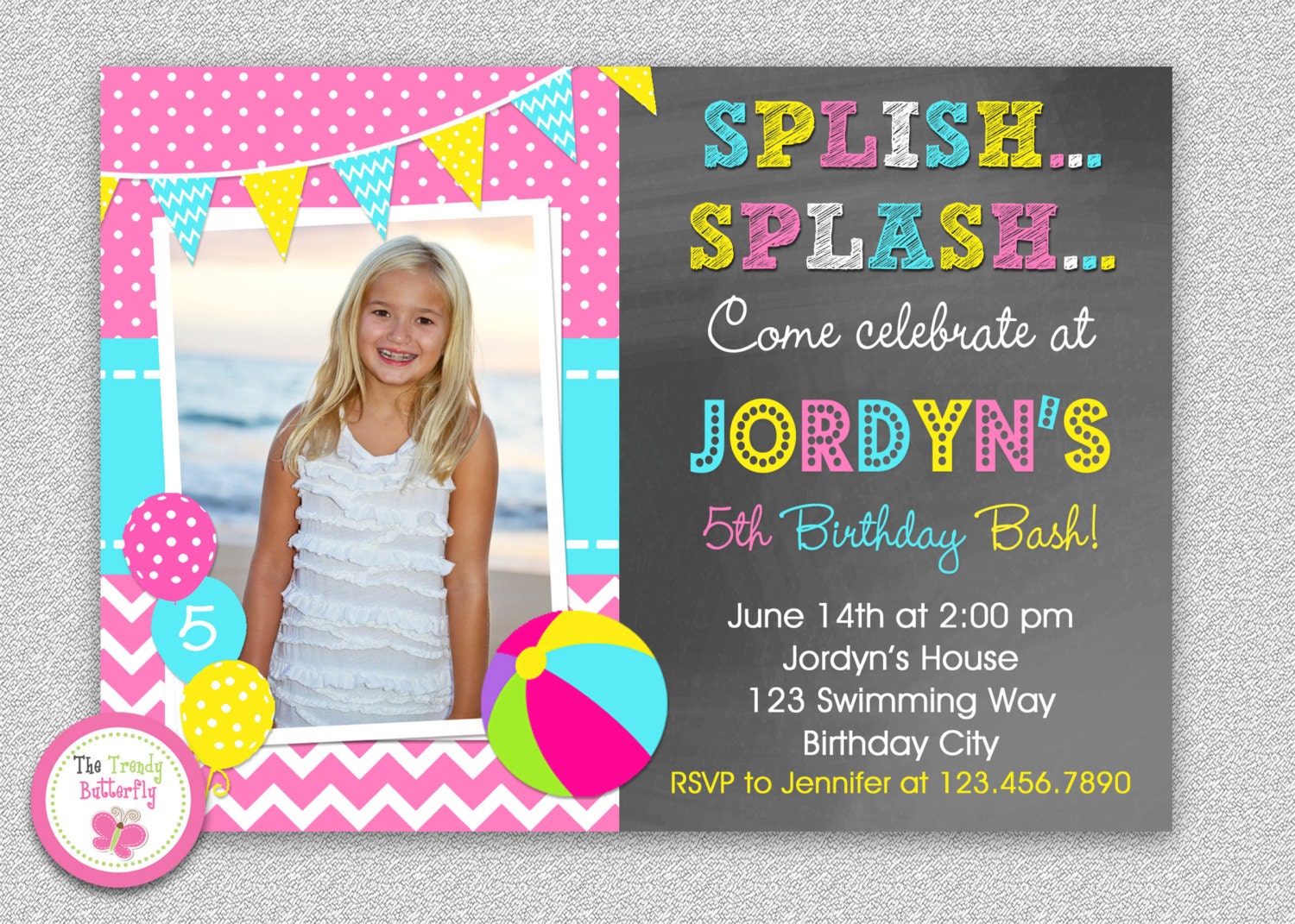 Pool Party Birthday Invitation, Girl Invite, Swimming, Kids Birthday, Girls Invitation