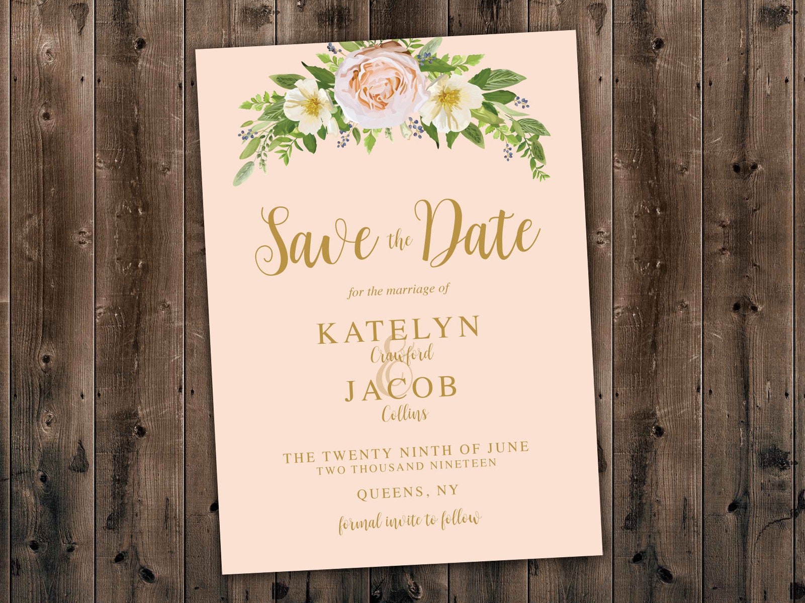 Pink Flowers, Printed Save The Date Card, Elegant Floral Country Wedding Invitation, Southern, Summer, Affordable