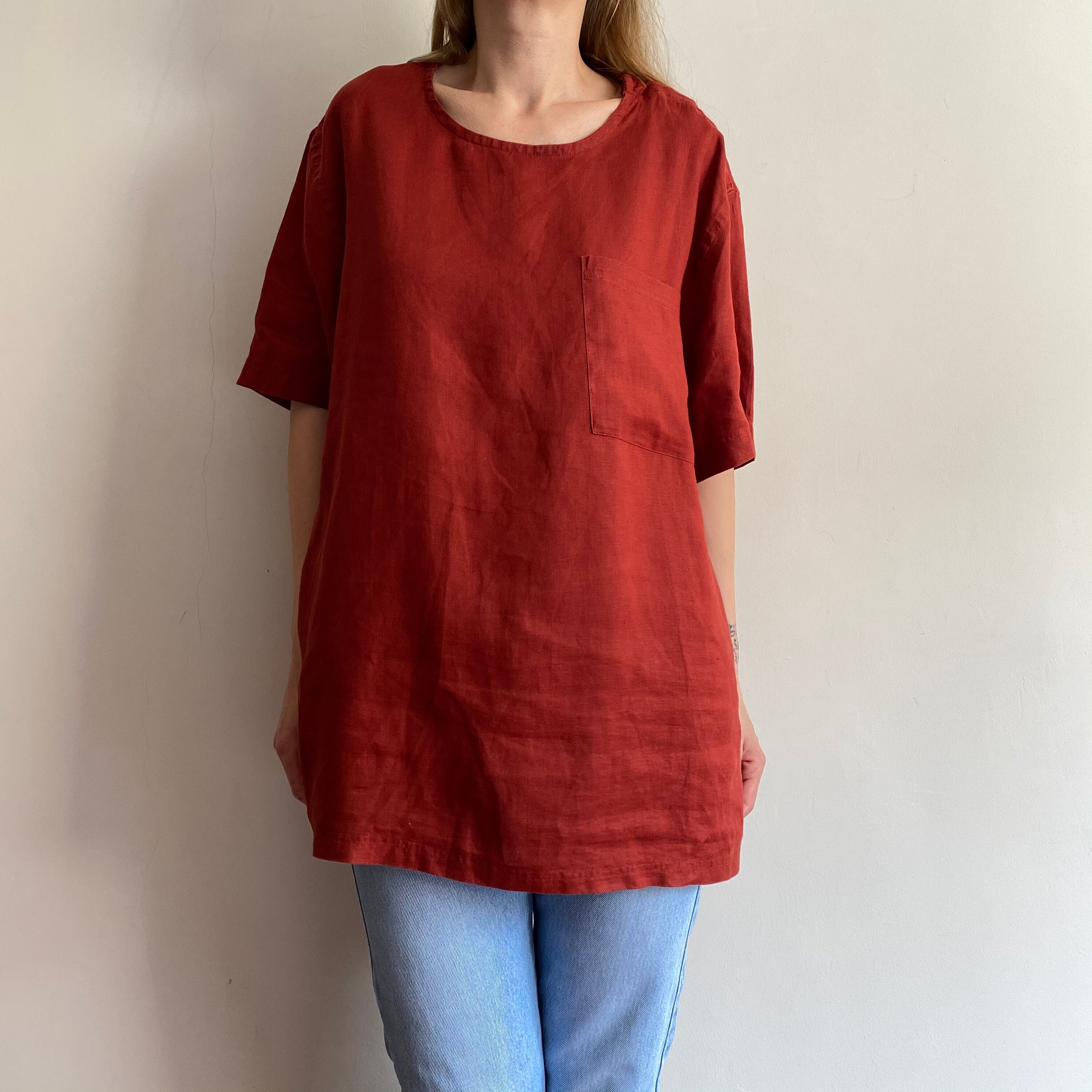 Vintage Linen Cotton Blend Blouse, Short Sleeve Oversized Top. Free Size, M-xl