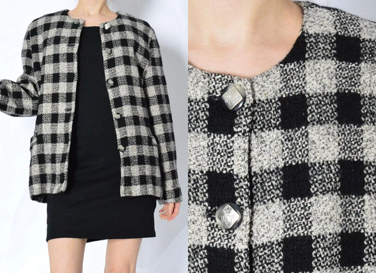 Vintage 80S Beige Black Check Wool Blend Collarless Blazer Womens Formal Preppy Jacket Size S