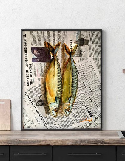 Fish Painting Seafood Coastal Newspaper Art Original Oil Artwork By Julia Stankevych