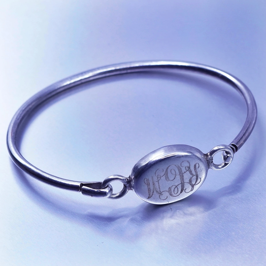 7", Vintage Mexico Sterling 950 Silver Handmade Bracelet, Hinged Bangle Monogram Initial "Rcm", Stamped