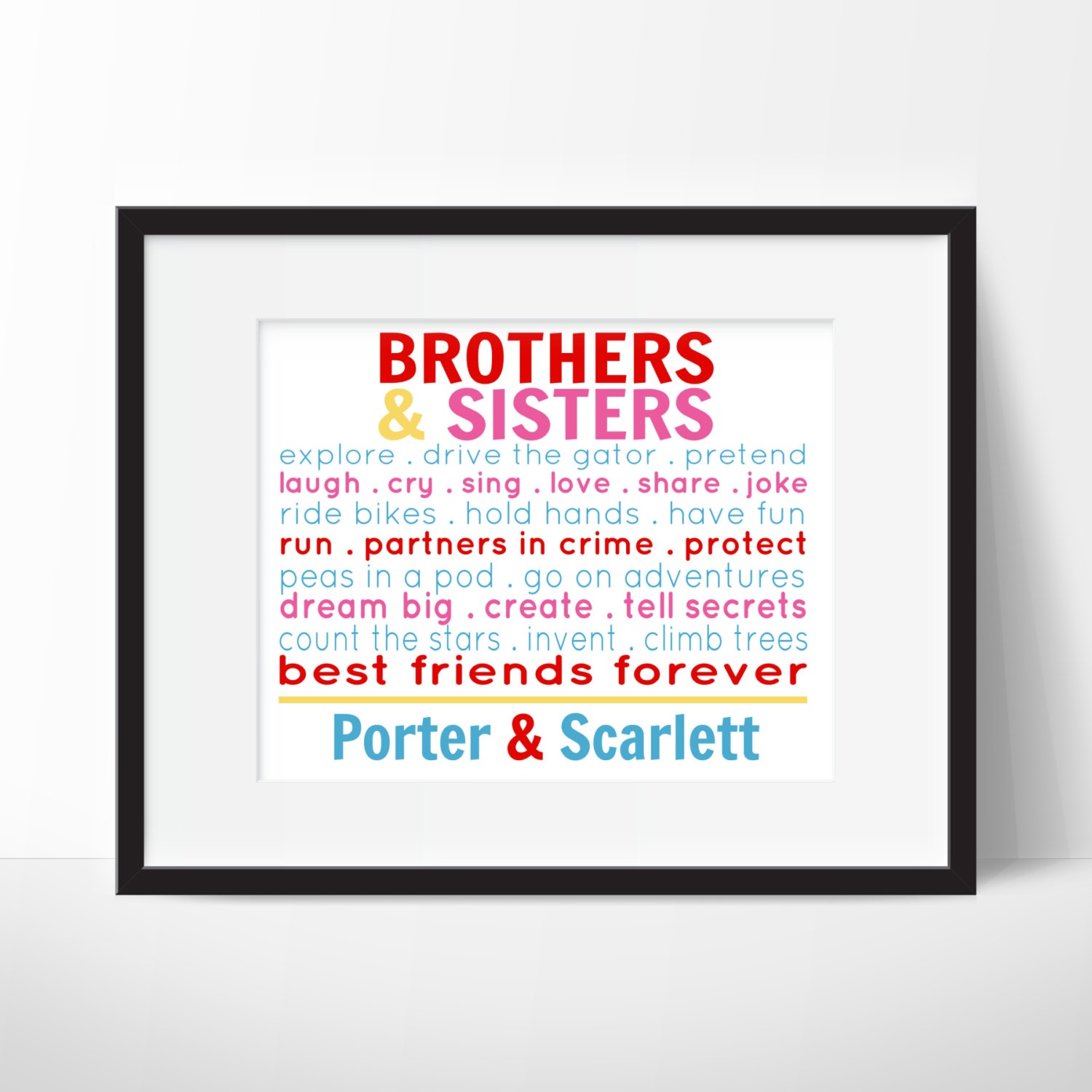 Sibling Print - Brothers & Sisters Personalized Name Playroom Wall Art Boy Or Girls Room Decor Choose Colors, Size
