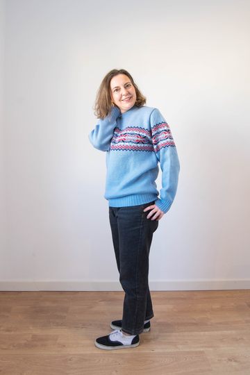 70S Fair Isle Blue Sweater, Wool Blend Warm Geometric Sweater