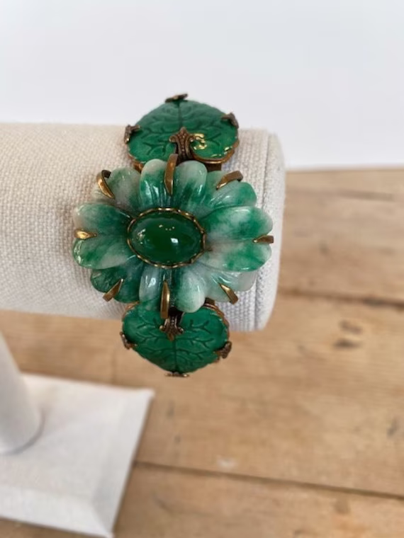 Gorgeous Jan Michaels Brass Stone Enamel Cuff Bracelet Vintage Estate