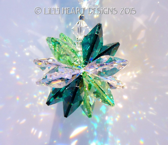 Swarovski Crystal Suncatcher Emerald Green, Peridot Green & Rosaline Pink Star For Home Decor Or Car Charm Rainbows Lilli Heart Designs