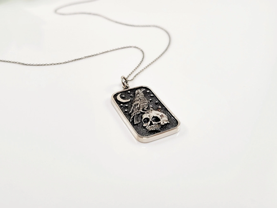 Skull & Raven Pendant Necklace, On Necklace, Jewelry, Dainty Goth Crow Necklace
