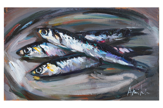 Anchovies On Silver Plate Original Oil Painting Paintings Food Seafood Small Still Life Sardine Anchovy Fish Fishy Impressionist Fishes Bold