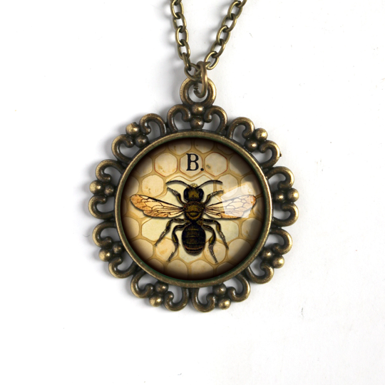 Honey Bee Or Worker Large Pendant Necklace in Ornate Frame