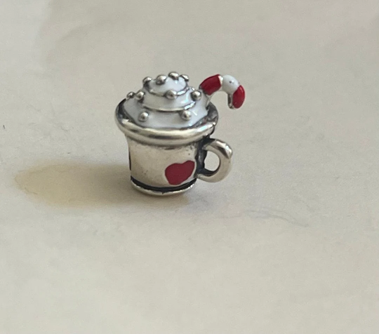Cute Christmas Cocoa & Candy Cane, Genuine S925 100% Real Sterling Silver, Fits Pandora European Charm Bracelet