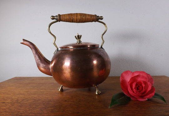 Copper Teapot With Tinned Lining ~ Bamboo Wrapped Wood Handle Brass Feet & Support