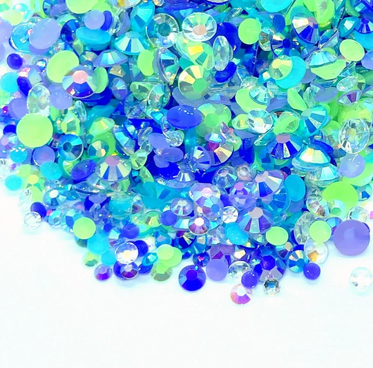 Lily Blend Ab Rhinestone Mix 3/4/5/6mm Flatback Jelly Resin Rhinestones Mixed Sizes, Pretty Mix - Purples | Lime Turquoise Clear