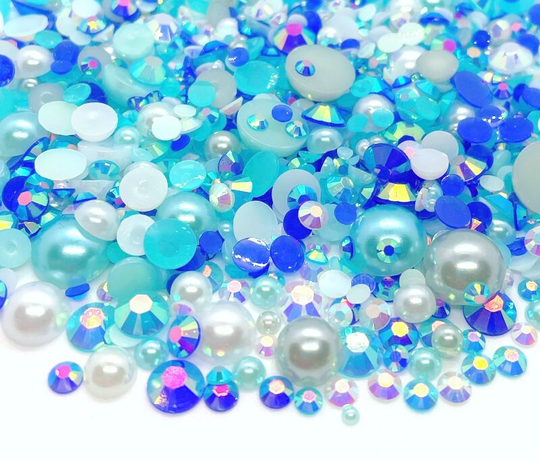 Ocean Blend Rhinestone Mix 2mm-10mm Flatback Jelly Resin | Faux Pearls Rhinestones Sizes, Blue Gray White