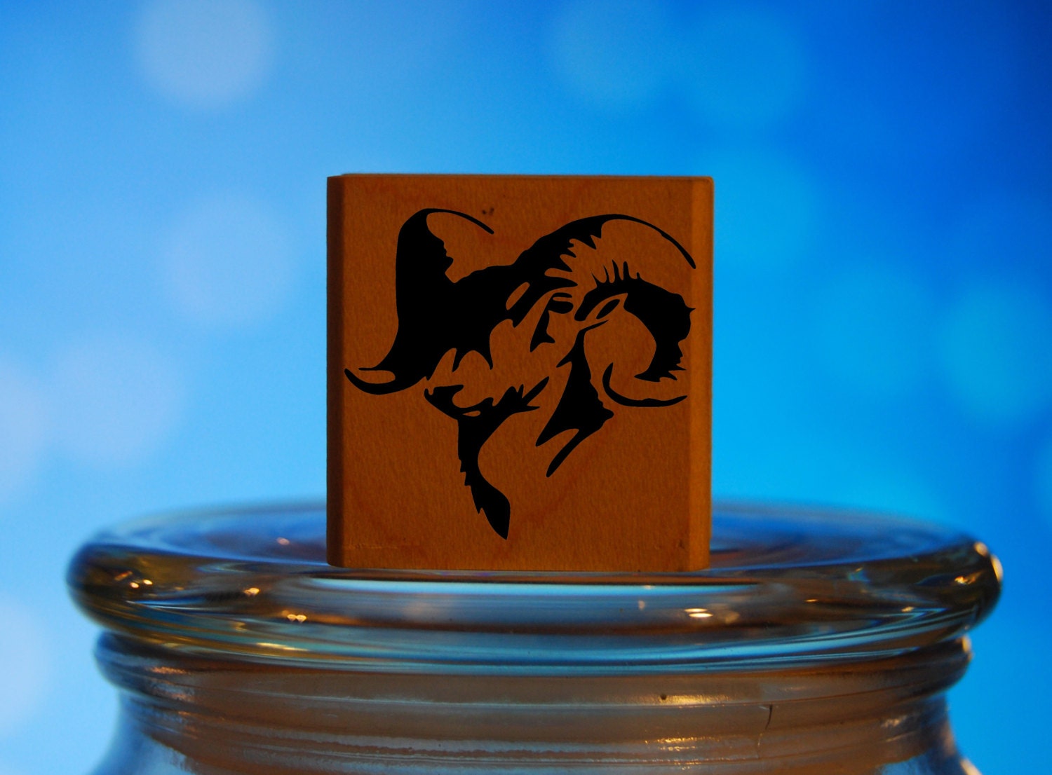 Ram Head Rubber Stamp Mounted Wood Block Art