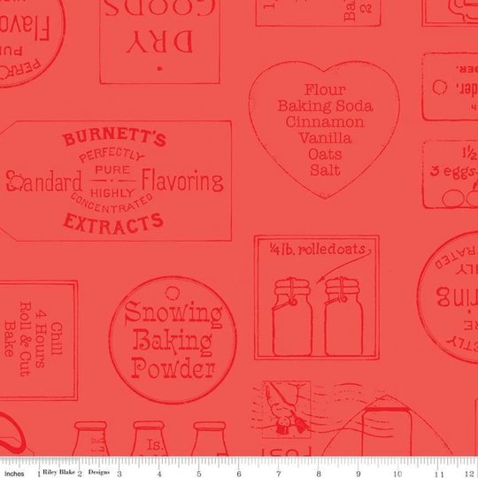 Snow Sweet Ads Bty C9673-Red Yard 1/2 1/4 J Wecker Frisch Riley Blake Designs Vintage Baking Icons Text Fabric Tonal